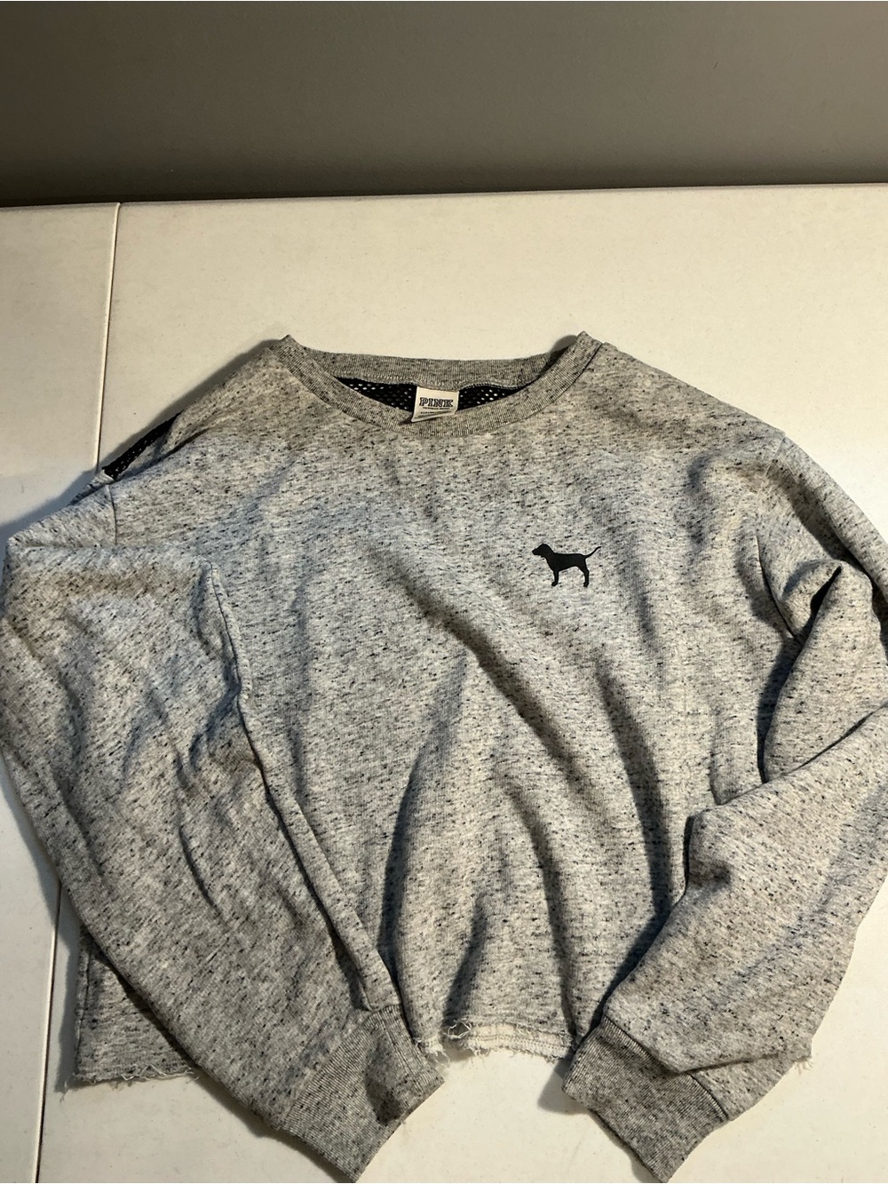PINK Victoria’s Secret Gray Cropped Mesh Back Sweatshirt Size S Dog Logo